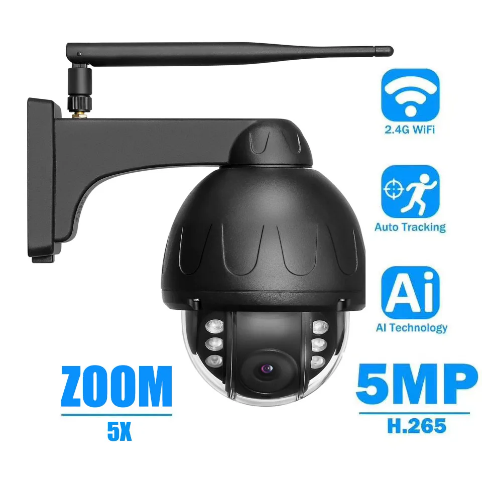Exterior Metal Waterproof HD 5MP Auto Tracking Black Dome IP Camera WiFi PTZ 5x Zoom Wireless Infrared CCTV Audio SD Card Record