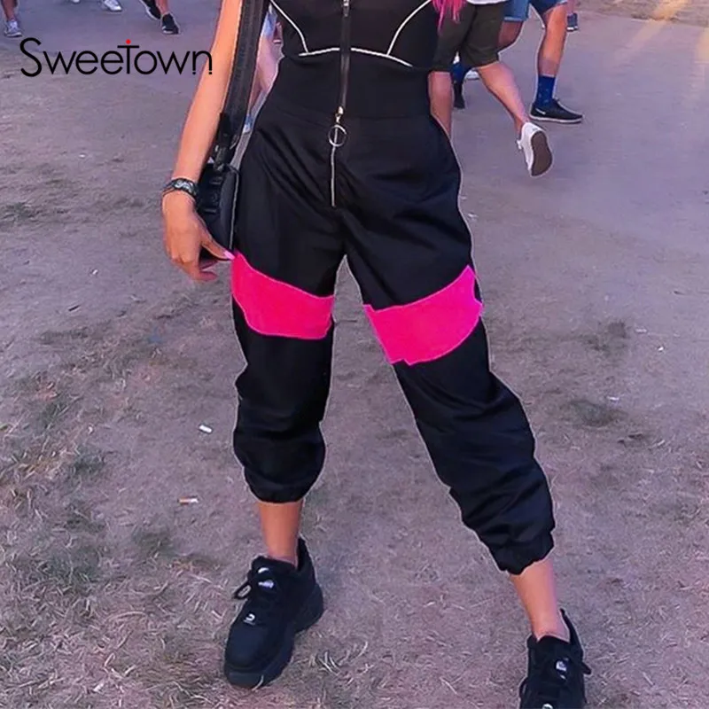 Sweetown, Осенние популярные хип-хоп женские мешковатые штаны, уличная одежда, пэчворк, контрастный цвет, повседневные женские брюки с высокой талией - Цвет: black