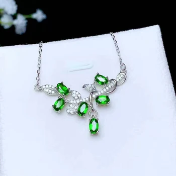 

Natural diopside necklace pendant luxury wedding design Group sterling silver inlaid oval 3*5 mm branch design