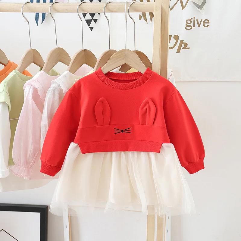 WLG Girls Cute Dresses Kids Spring Autumn Pink Red Yellow Mesh Patchwork Dress Baby Girl Princess Party Clothes for 1-3 Years