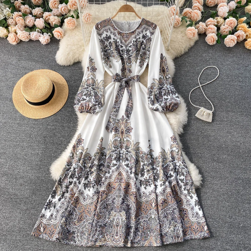 

Vintage National Trench Floral Printed Lantern Sleeve Long Maxi Dress Women Summer Autumn Vestidos Longo Bohemian Vacation Dress