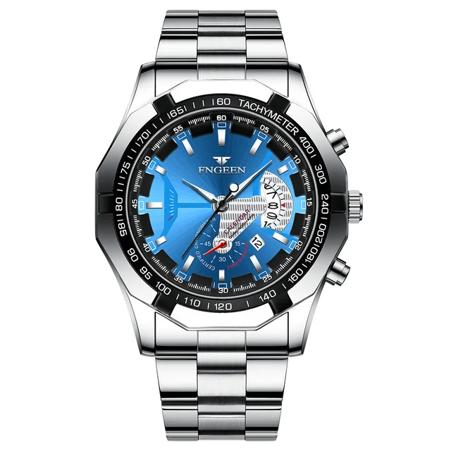 FNGEEN Luxury Men's Watches Stainless Steel Band Fashion Waterproof Quartz Watch For Man Calendar Male Clock Reloj Hombre S001 Silver Blue