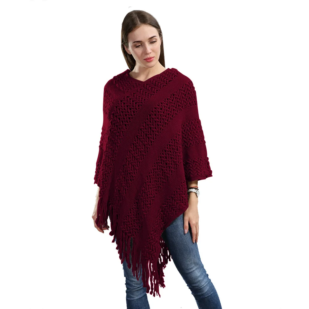Новый женский модный пуловер с кисточками Вязаное пончо кольцо для шарфа свитер женский шаль-пончо плюс размер однотонный пуловер