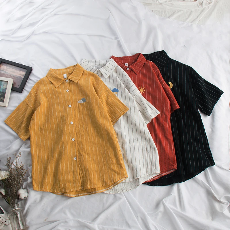 Goede Woherb 2020 Vrouwen Kawaii Gestreepte Blouse Maan Borduurwerk Koreaanse Dames Tops Blusas Casual Batwing Mouw Linnen Overhemd 20824