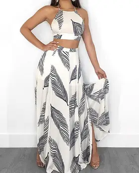 

2019 Summer New Arrival Leaf Print Backless Elegant Party Suit Set Cami Top&Split Maxi Skirt Set