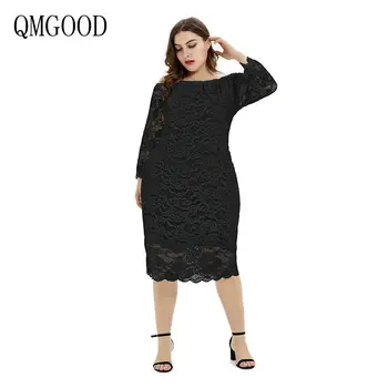 

QMGOOD High Quality Sexy Black Dress One Word Collar Lace Dress Elegant Plus Size Dresses Woman Party Night Christmas Dress