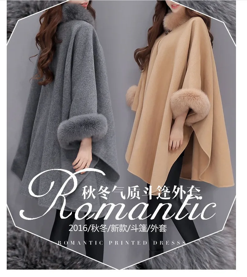 Winter New Style Korean-style Fox Fur Collar Mid-length Wool Woolen Overcoat Elegant Cloak Shawl Coat Women's