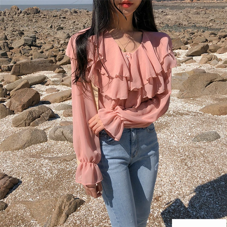 WHITNEY WANG Blouses Woman Fashion Streetwear Korea Style V-neck Ruffles Chiffon Blouse Women Blusas Office Lady Shirt Tops