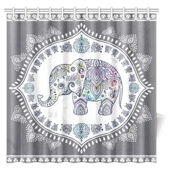 

Bohemian Elephant Shower Curtain, Indian Lotus Cute Ethnic Elephant Polyester Fabric Bathroom Set with Hooks, Extra Long