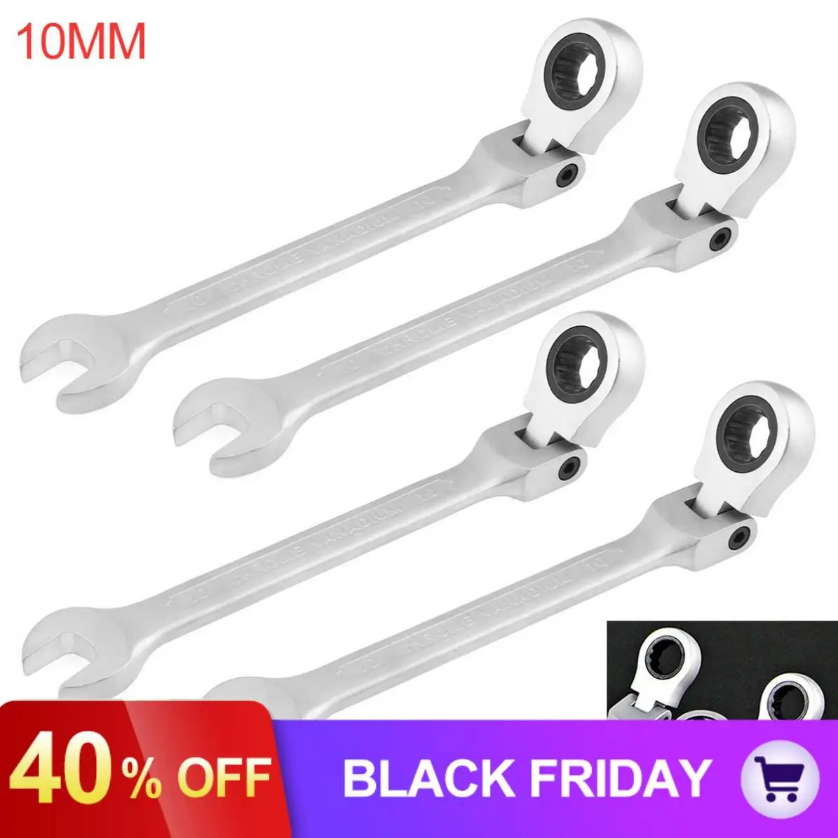 10MM CRV72 Flexible Head Matte Ratchet Dual-use Wrench Polished Foldable Combination Spanner Open End and Plum End Spanner