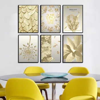 

European Gold Abstract Style Poster Letter Maple Leaf Painting Room Flower Pitures Modern Landscape Canvas Print Decor