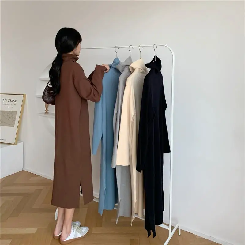 Long Sleeve Dress Women Solid Turtlenek Side Slit Midi Elegant All-match Korean Style Simple Winter Fashion Ins Stylish Vestido evening dresses