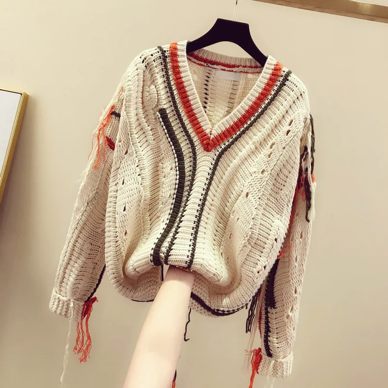 TX1158 Autumn Sweater Women V-collar Color-matching Color-and-white Sweaters Women V-Neck Pullovers Black Sweater Women - Color: TX1158