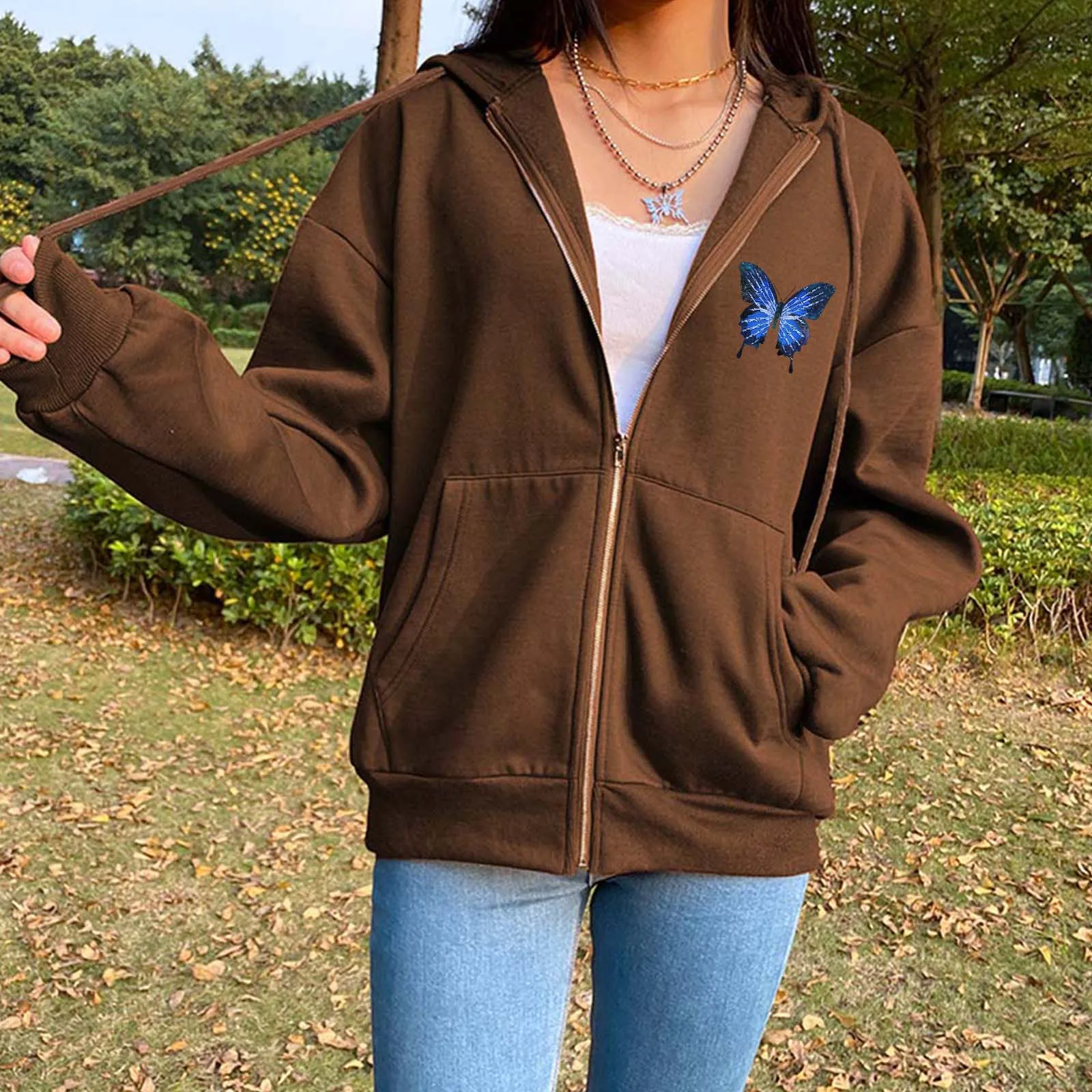 

Aesthetic Blue Butterflies Print Double-sided Design Loose Casual Cotton Hoodie Zip Up Tracksuit Women Harajuku Fashion Clothes