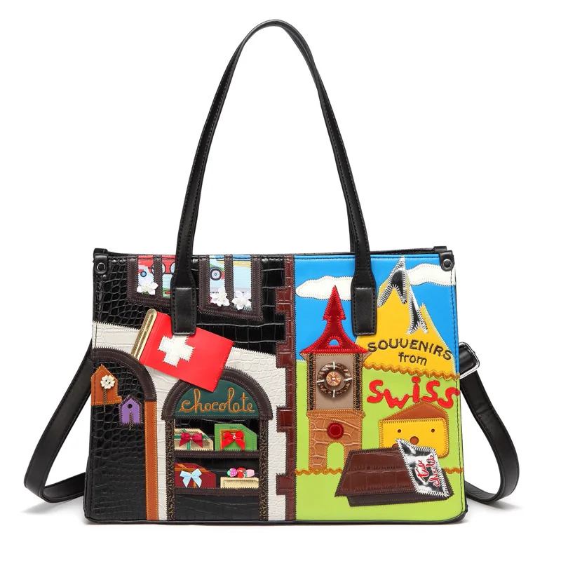 

2019 Design Embroidery Support Special Handbag Originality Split Joint Hit Color Large Capacity Shoulder Satchel Bolsas Feminina
