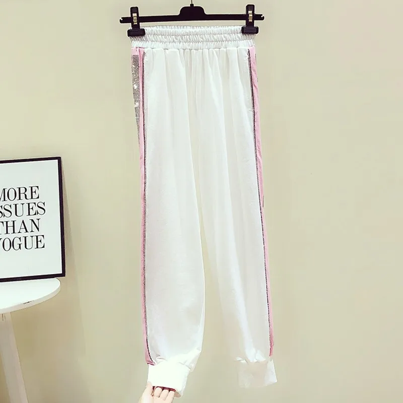 

Diamond Casual Pants Women 2020 Summer New Loose Fashion Drape Beam Feet Nine-Point Sports Pants Fashion White Trousers Femme