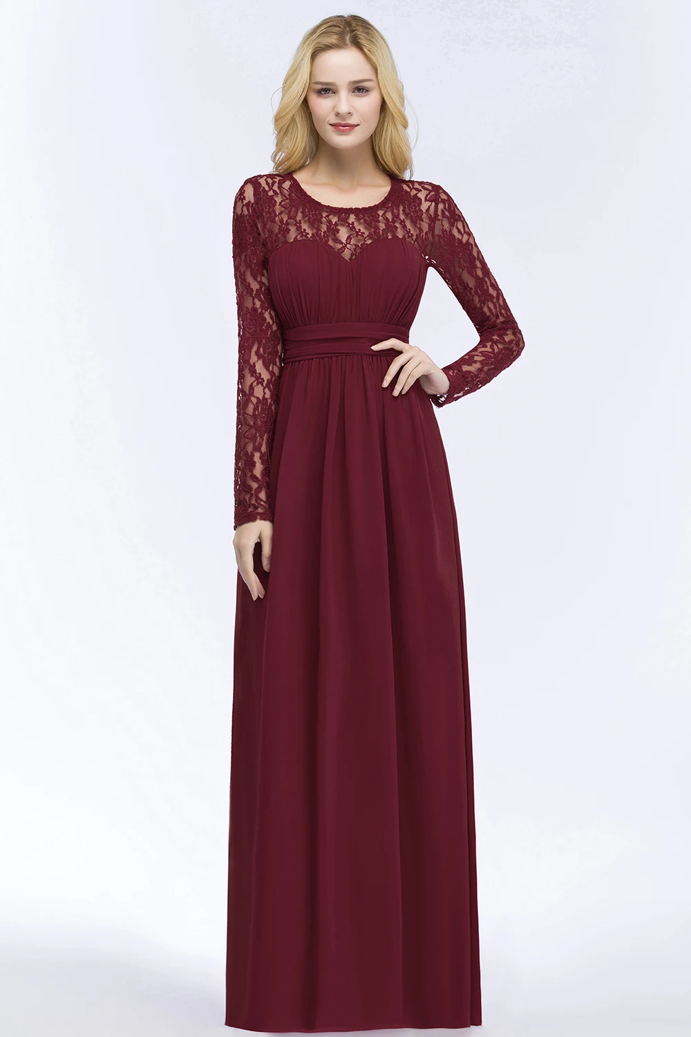 Vestido de Festa Casamento Elegant Burgundy Lace Long Wedding Party Bridesmaid Dresses Full Sleeves Robe Demoiselle D'honneur