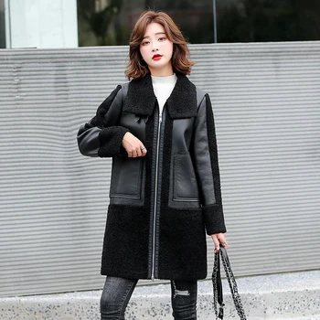 

New Winter Women Faux Sheepskin Long Coats Thicken Faux Leather Lambs Wool Fur Big Pockets Jacket Black Motorcycle Outwear 2020