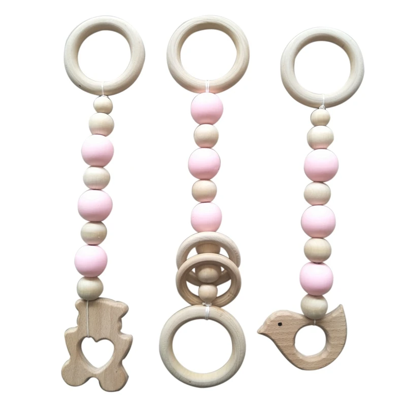 

3Pcs Wooden Ring Baby Teether Activity Play Gym Beads Animal Pendant Rattles Baby Toys Protection Sensory Toys Gift
