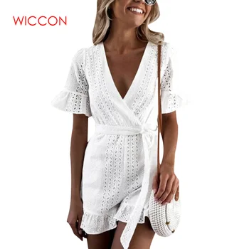 

Sexy Deep V-neck Jumpsuit Romper Women Ruffled Hollow Out Embroidery Cotton White Playsuit Elegant Sashes Jumpsuit Short