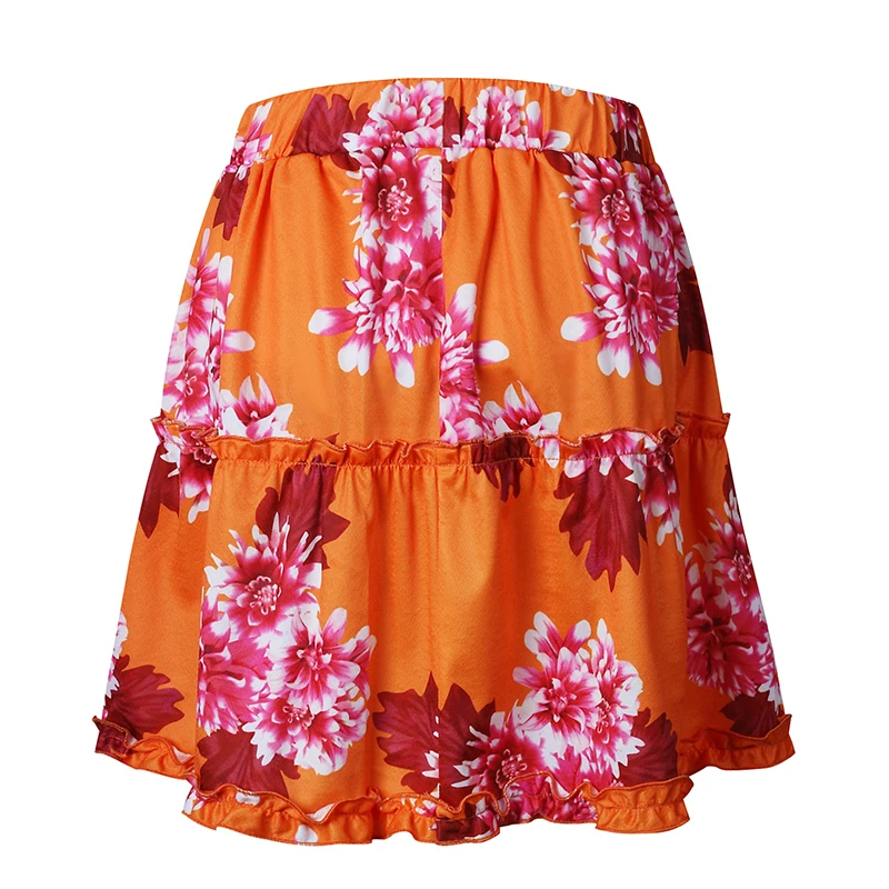 High Waist Mini Skirts Women Orange Floral Print Casual Chic Summer Skirt Sexy High Fashion Boho Skirt Holiday Beach