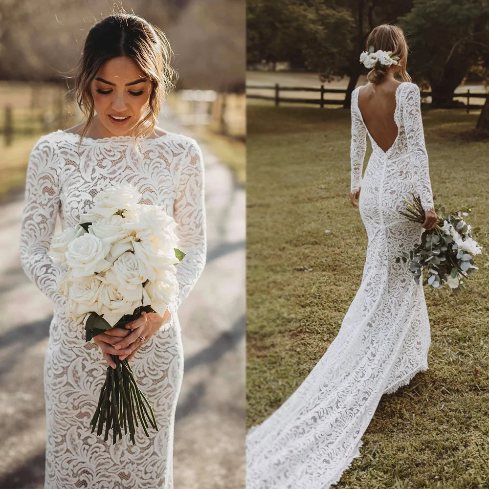 Mryarce 2022 Trending Flexible Long Sleeves Lace Bohemian Wedding Dress Open Back Bridal Gowns 6