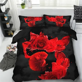 

Wedding Decor Red Rose Bed Cover Set 3D Scenery Bedclothes Bed Linen Set Pillowcase Adults King Size Bedding Set for Couple Bed