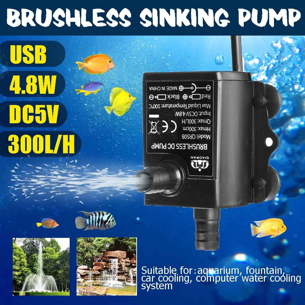 USB DC5V 4,8 Вт ультра-тихий мини Бесщеточный Водяной насос Водонепроницаемый погружной фонтан аквариумный циркулирующий 300л/ч подъемник 300 см