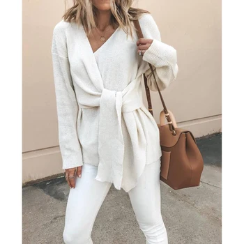 

Autumn and winter fashion V-neck tie long-sleeved blouse woolen coat