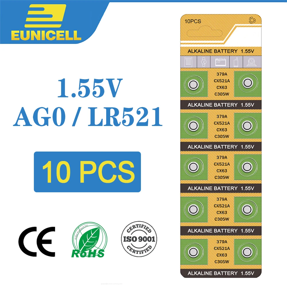 10 шт. щелочные батарейки Eunicell 1 55 в AG0 LR521 SR63 LR69 379A SR521SW D379 AG 0 для игрушек часов |