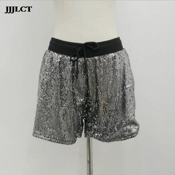 

European and American fashion 2019 early spring new elastic waist sequin shorts casual fashion high elastic wide leg