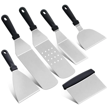 

Griddle Accessory Tool Kit 6 Piece Professional Grill Spatula & Scraper Set Flipper Stainless Steel for Flat Top Grill Hibachi B