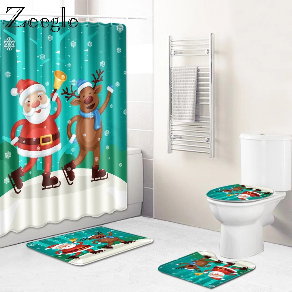 Zeegle Christmas Bathroom Mat Set Toilet Waterproof Shower Curtain Toilet Cover Seat Mat Anti-slip Toilet Rug 4pcs Bath Mat Set