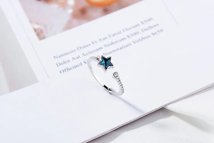 DreamySky Ethnic Style 925 Sterling Silver Crystal Star Rings for Women Bridal Wedding Vintage Open Finger Rings Christmas Gifts