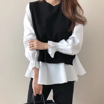 

Spring Long Sleeve T-Shirt and Knitted Black Vest 2PCS Elegant Office Ladies Female Tops Causal Women Clothings Plain T Shirts