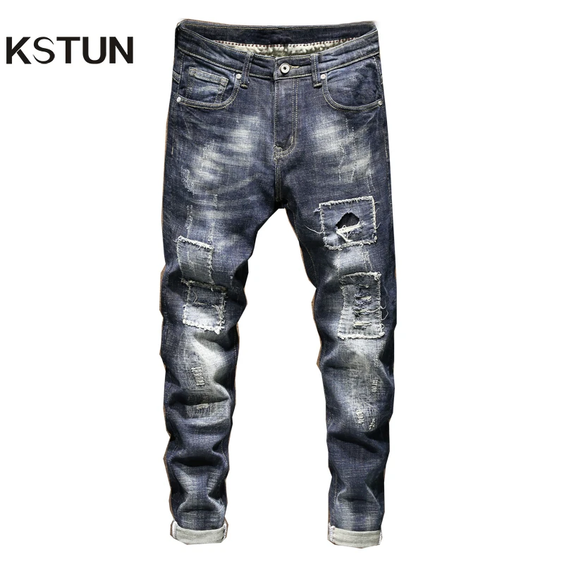 KSTUN, рваные джинсы для мужчин, облегающие джинсы, мужские толстые потертые байкерские джинсы, хип-хоп, пэчворк, уличная одежда, мужские джинсовые штаны