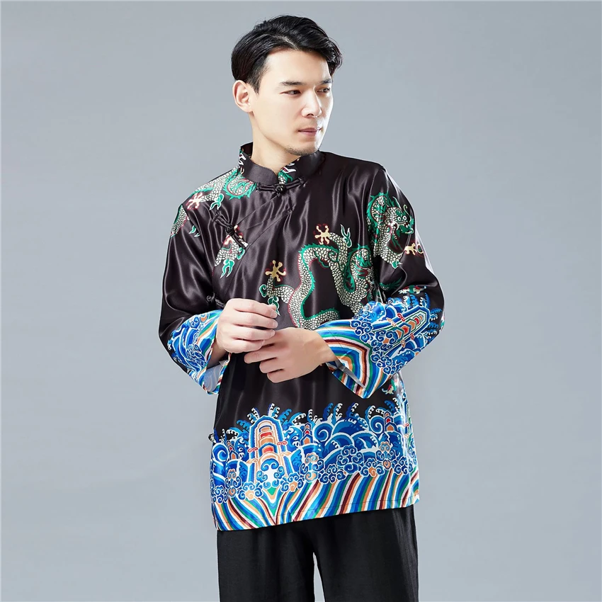 Traditional Chinese Clothing for Men Long Sleeve Shirt Print Dragon Mens Retro Tang Suit Chinese Fashion Style Cheongsam Top