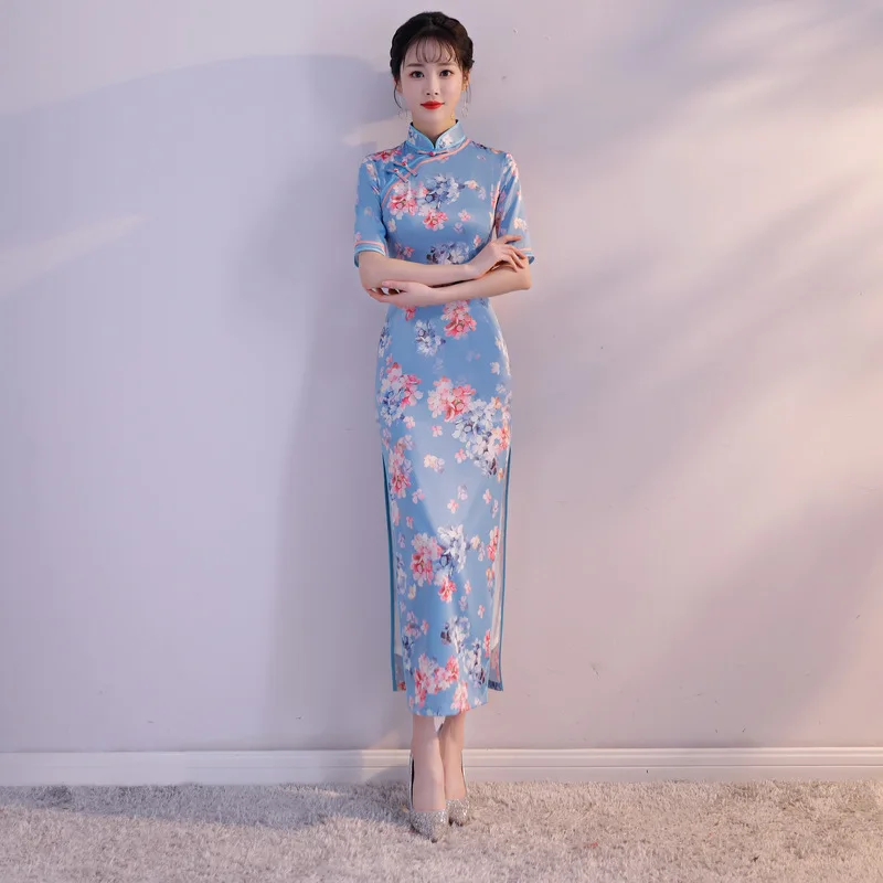Open Rain Spring New Style Safflower Small Blue Small Fresh Xinfeng Long Cheongsam Youth Elegant nian qing kuan Cheongsam