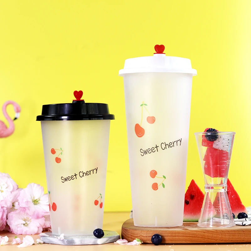 

50pcs Frosted transparent cherry pattern disposable juice cup 500ml 700ml coffee milk tea cold drink plastic cups with lid