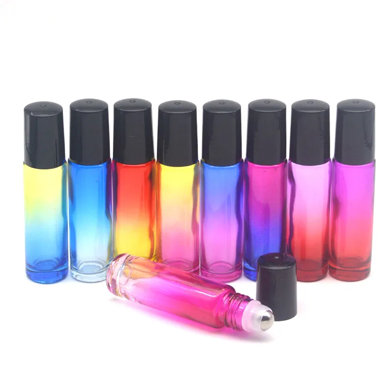 

100pcs 10ml Gradient Colorful Roller On Glass Bottle Empty Fragrance Perfume Essential Oil liquid 10cc Roll Bottle