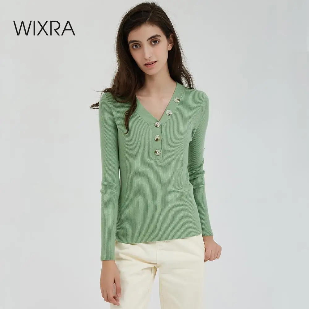 

Wixra Women Sweater 2019 Stylish Color Female V Neck Solid Warm Ladies Knitted Sweaters Pull Jumpers Autumn Spring
