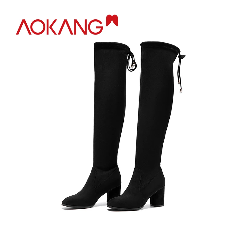 AOKANG/теплые женские сапоги; Сезон Зима; коллекция года; модные ботфорты на толстом каблуке; женские высокие сапоги до бедра на высоком каблуке; botas