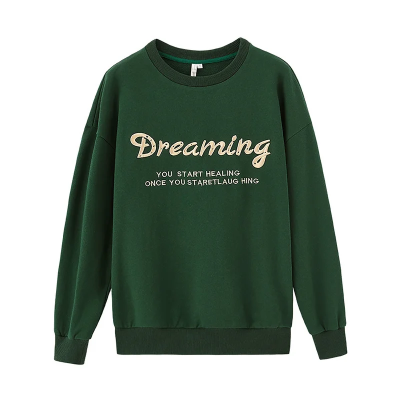 INMAN Winter New Arrival Literary 100%Cotton O-neck Personality Drop-shoulder SLeeve Loose Women Sweatshirts - Цвет: Grass Green