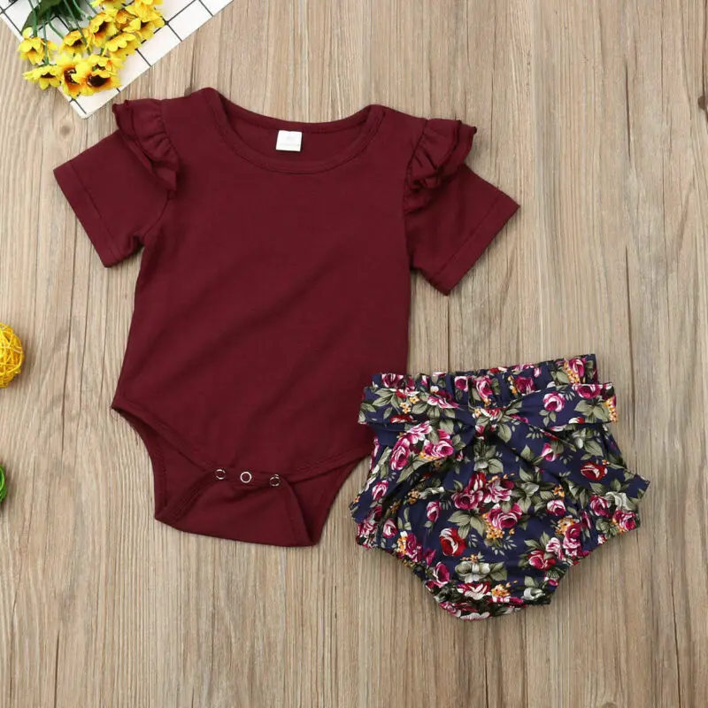 Летняя одежда для новорожденных девочек 0-24 месяцев, хлопковые топы, боди, штаны с цветочным принтом, одежда для малышей