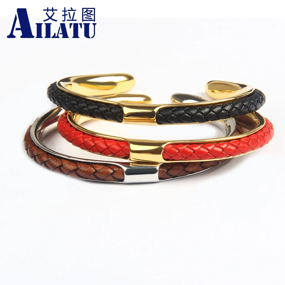New Luxury Men Opening Cuff Bangles 316L Stainless Steel Genuine Leather Bracelet Friendship Jewelry for Lover 4