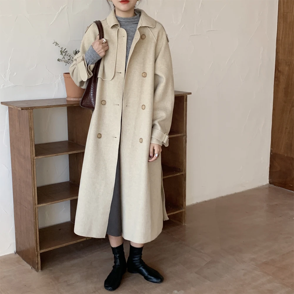 New Fashion Woolen Coat Women Double Breasted With Belt Solid Long Overcoat Female High Street Loose Causal F274