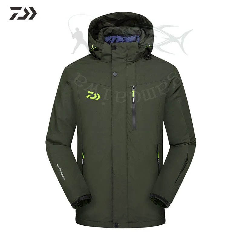 Outdoor Autumn Winter Daiwa Hooded Fishing Jacket Waterproof Detachable Thermal Solid Men Fishing Shirt In Fishing Clothing 3In1 - Цвет: Зеленый