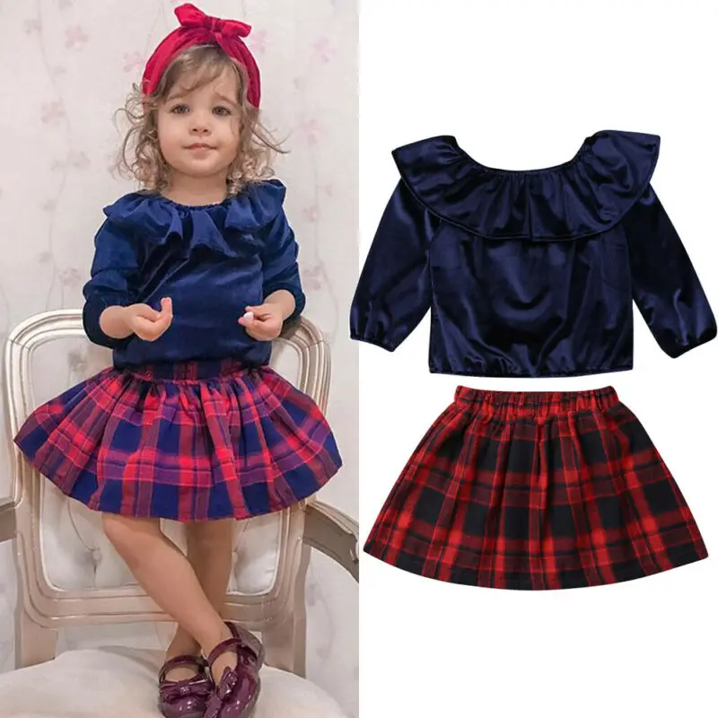 Новая детская одежда для маленьких девочек бархатная рубашка с длинными рукавами Топы+ клетчатая юбка