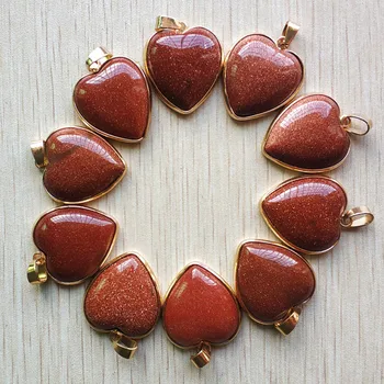 

Wholesale 10pcs/lot New Natual Gold Sand Stone Gold Side Heart Shape Pendants 25mm For DIY Jewelry Making Necklace