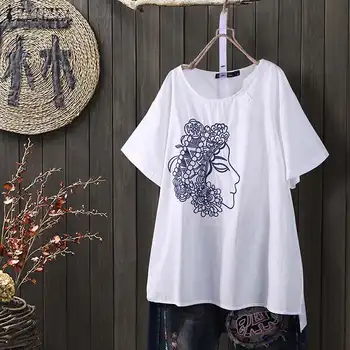 

ZANZEA 2020 Summer Women Blouses Ladies Shirts Short Sleeve Tunic Tops Vintage Embroidery Flowers Blusas Side Split Chemise 5XL